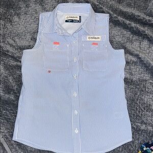 🩷5/$25 Magellan Outdoors Girls Medium 8-10 Blue White pinstripe Sleeveless Shirt